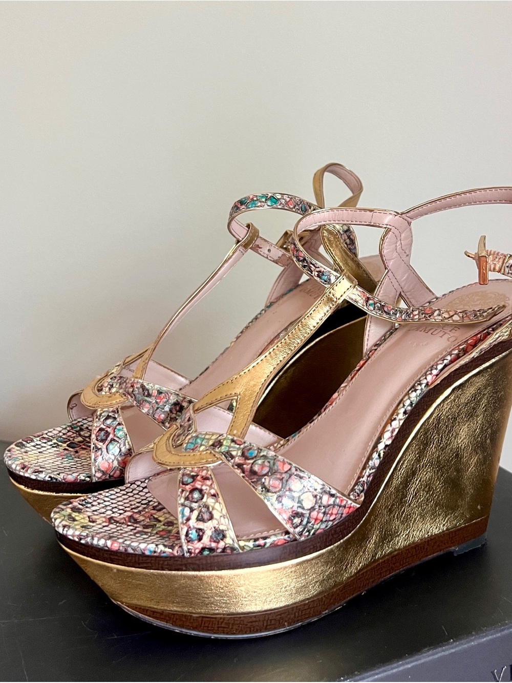 Wedge Sandals in Pink Multicolor Python with Gold Accents